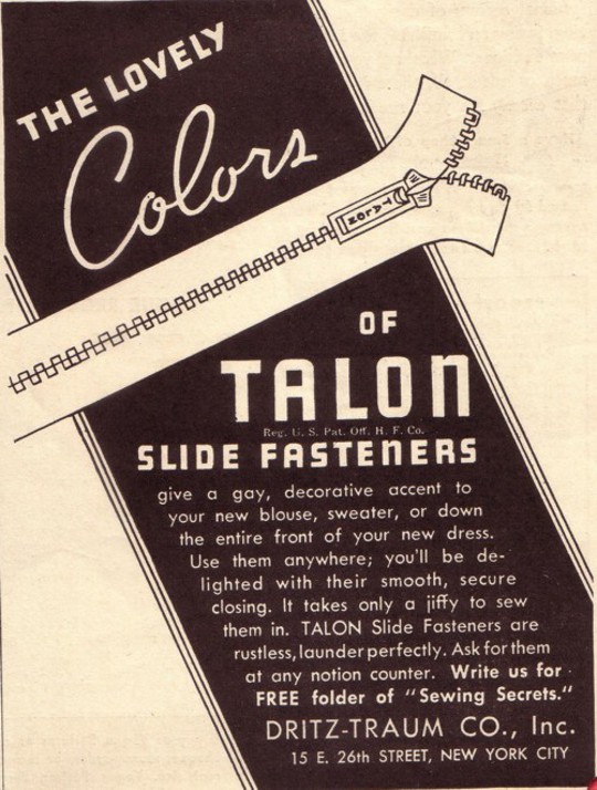 1930s-fashion-zipper-vintage-advertisement 1930s fashion advertisement for talon zipper