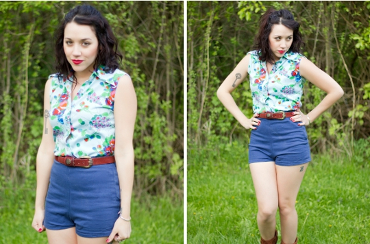 1970s Floral Shirt Outfit modern day flapper styled a 1970s sleeveless floral shirt with a pair of high waisted denim from american apparel