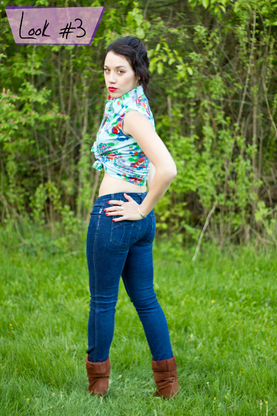 1970s Floral Shirt Outfit 1970s floral shirt styled as a pin-up crop top