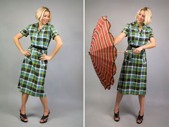 1940s Country Plaid Dress a composite image of a 1940s country plaid dress