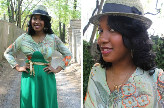 1970s Maxi Dress Styled fashion blogger stylish thought wearing a fedora hat and gold waist tie belt with a green 1970s maxi dress