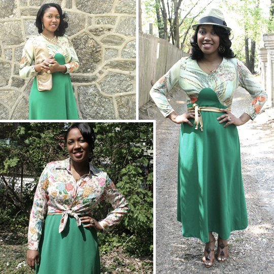 Green Maxi Dress Composite 1970s green maxi dress worn with 3 sets of accessories