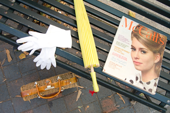 Vintage Accesories vintage accessories and a vintage 1960s mccall magazine on a park bench