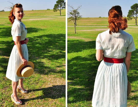 1950s Vintage Shirtwaist Dress Styled 1950s vintage shirtwaist dress styled with a boater hat